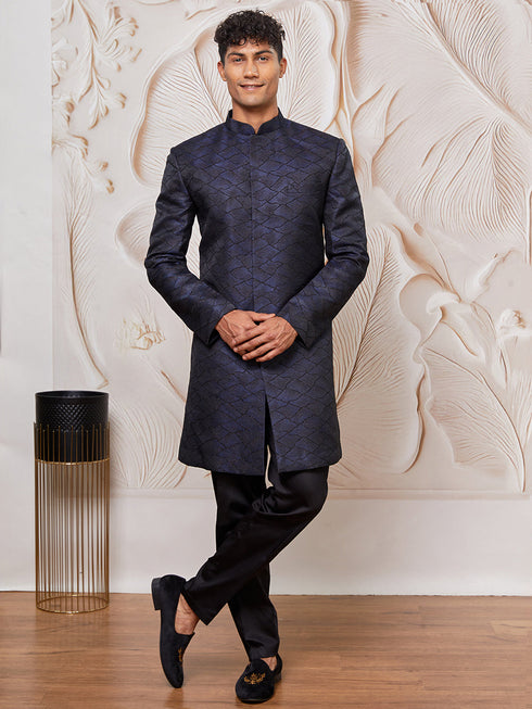Men's Navy Blue Silk Blend Indowestern And Pant Set
